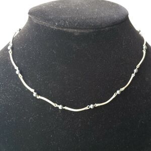 Carolee Signed Collar Necklace Silver Tone & Tiny Metallic Blue Beads, 16 inches